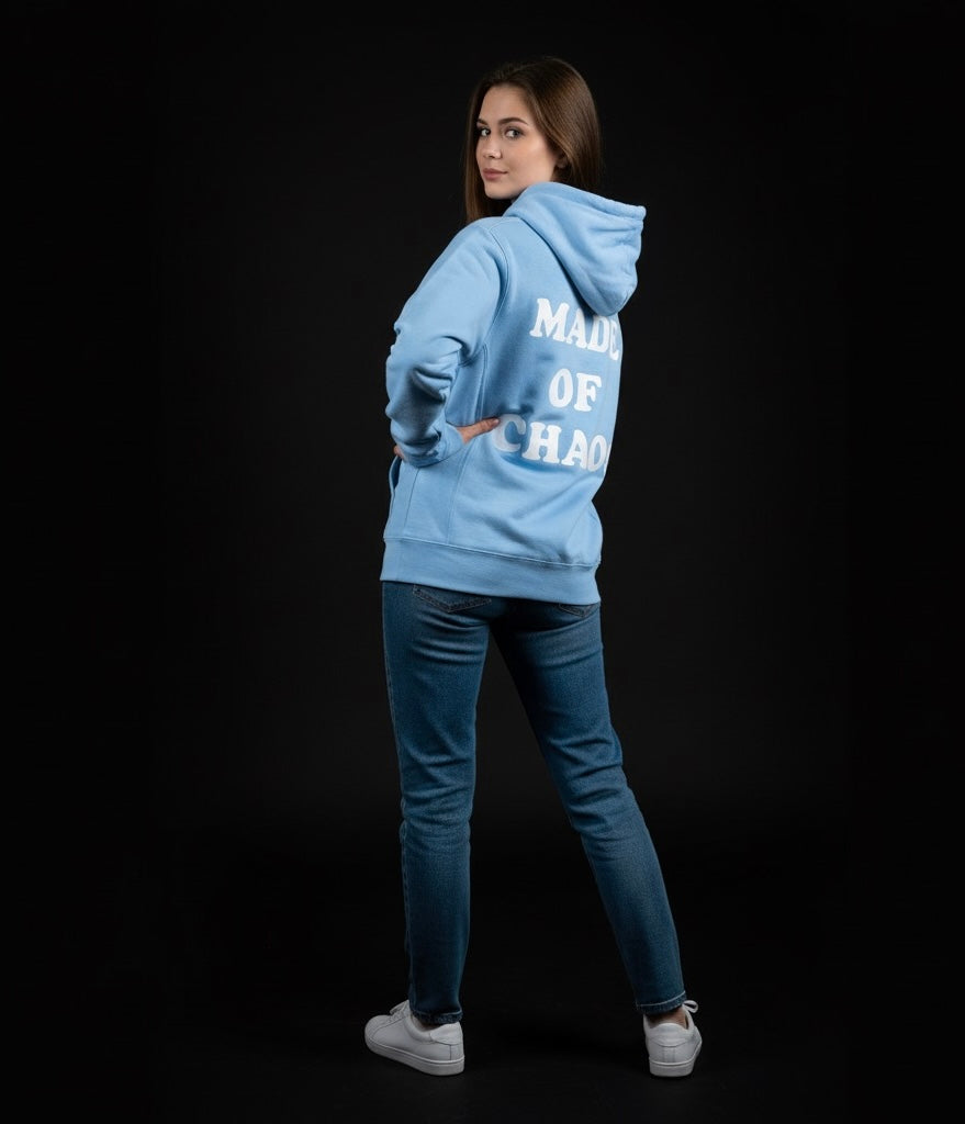 Baby Blue Made of Chaos Hoodie | Statement Streetwear Sweatshirt, Eye-Catching Back Design, Soft & Cozy