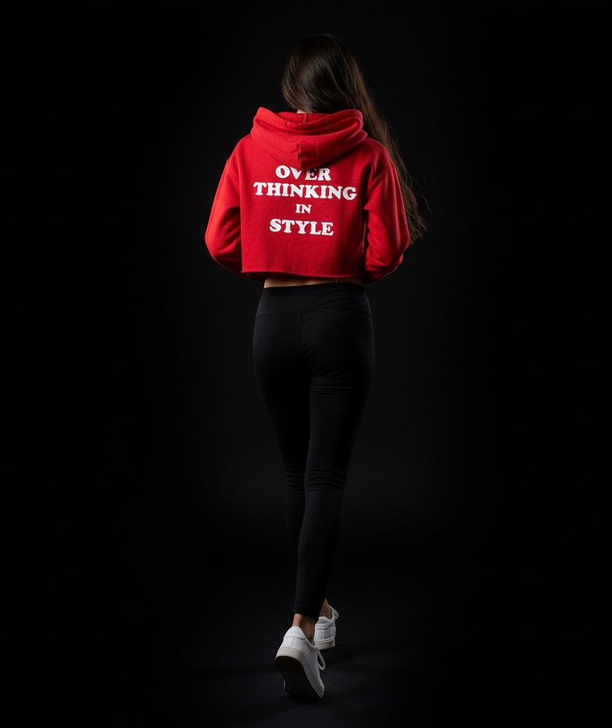 Overthinking – Red Cropped Hoodie | Bold Streetwear, Eye-Catching Back Print, Trendy Cozy Hoodie for Women & Men