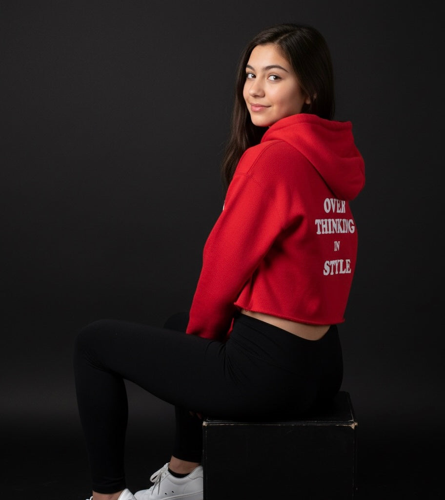Overthinking – Red Cropped Hoodie | Bold Streetwear, Eye-Catching Back Print, Trendy Cozy Hoodie for Women & Men