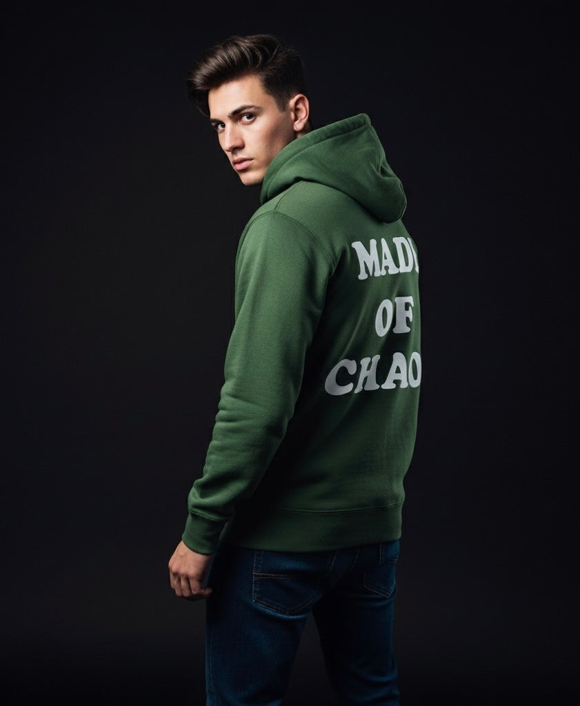 Made of Chaos – Olive Green Hoodie | Trendy Streetwear, Bold Back Print, Cozy Casual Hoodie for Women & Men