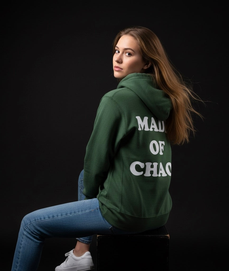 Olive Green ‘Made of Chaos’ Hoodie | Stylish Back Graphic, Cozy Fabric, Perfect for Streetwear & Casual Looks