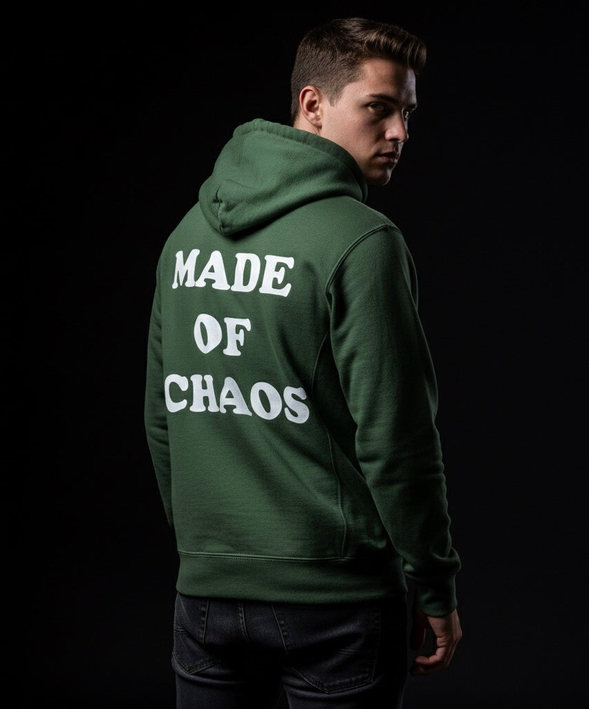 Made of Chaos – Olive Green Hoodie | Trendy Streetwear, Bold Back Print, Cozy Casual Hoodie for Women & Men