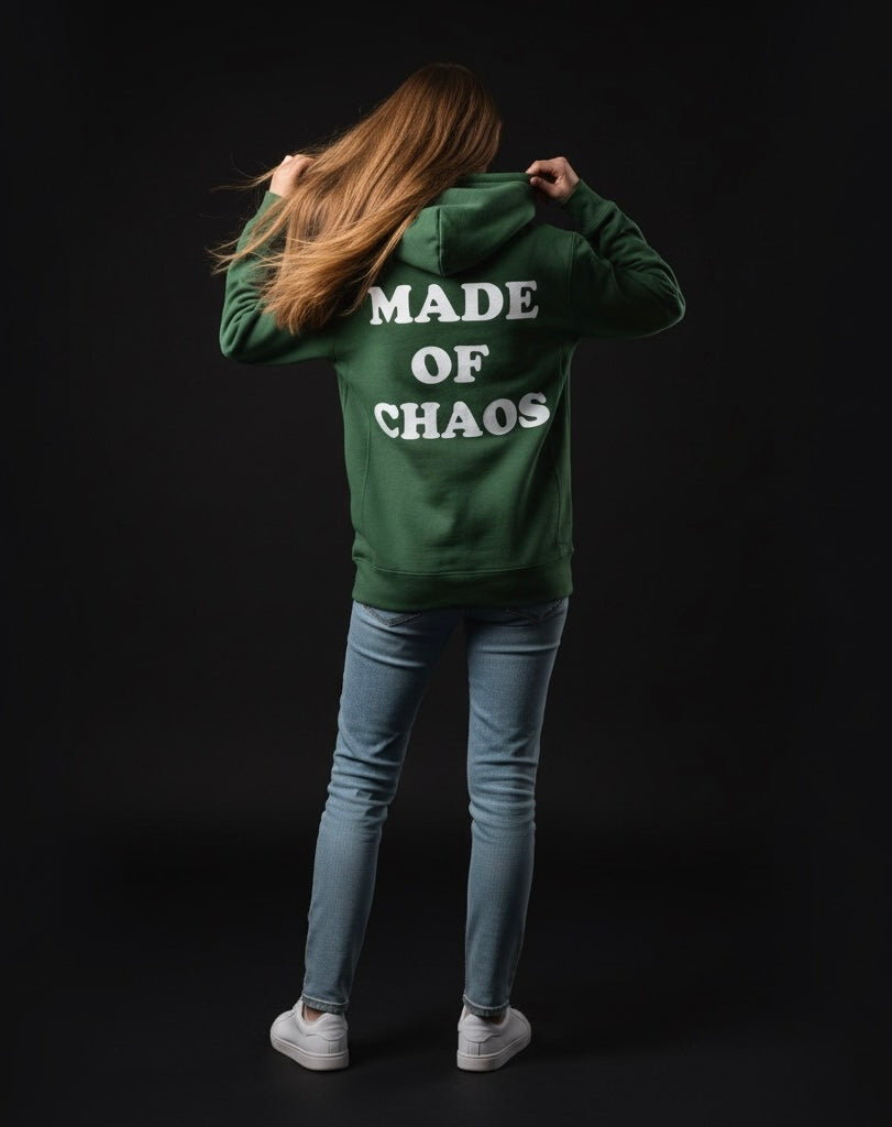 Olive Green ‘Made of Chaos’ Hoodie | Stylish Back Graphic, Cozy Fabric, Perfect for Streetwear & Casual Looks