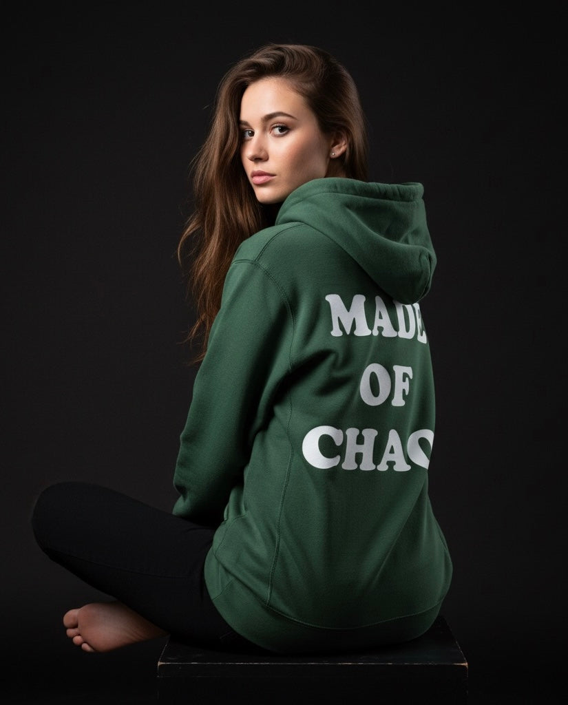 Olive Green ‘Made of Chaos’ Hoodie | Stylish Back Graphic, Cozy Fabric, Perfect for Streetwear & Casual Looks