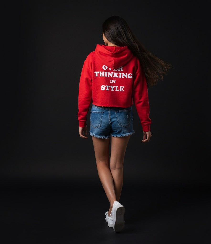 Overthinking – Red Cropped Hoodie | Bold Streetwear, Eye-Catching Back Print, Trendy Cozy Hoodie for Women & Men