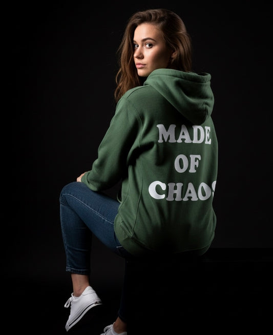Olive Green ‘Made of Chaos’ Hoodie | Stylish Back Graphic, Cozy Fabric, Perfect for Streetwear & Casual Looks