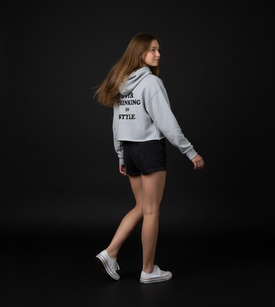 Overthinking – Melange Green Cropped Hoodie | Trendy Streetwear, Bold Back Print, Cozy Urban Style for Women