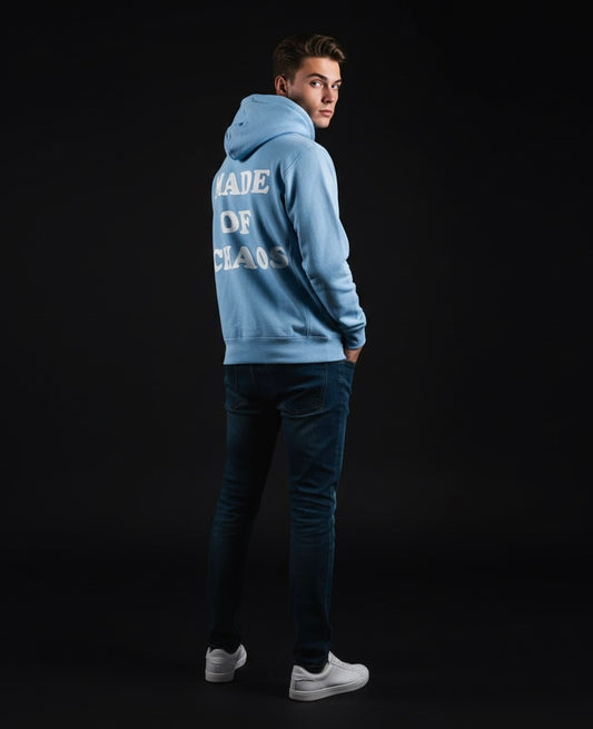Made of Chaos – Baby Blue Hoodie | Bold Streetwear, Eye-Catching Back Print, Trendy Cozy Hoodie for Women & Men