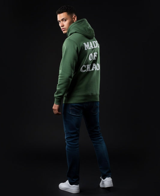 Made of Chaos – Olive Green Hoodie | Trendy Streetwear, Bold Back Print, Cozy Casual Hoodie for Women & Men