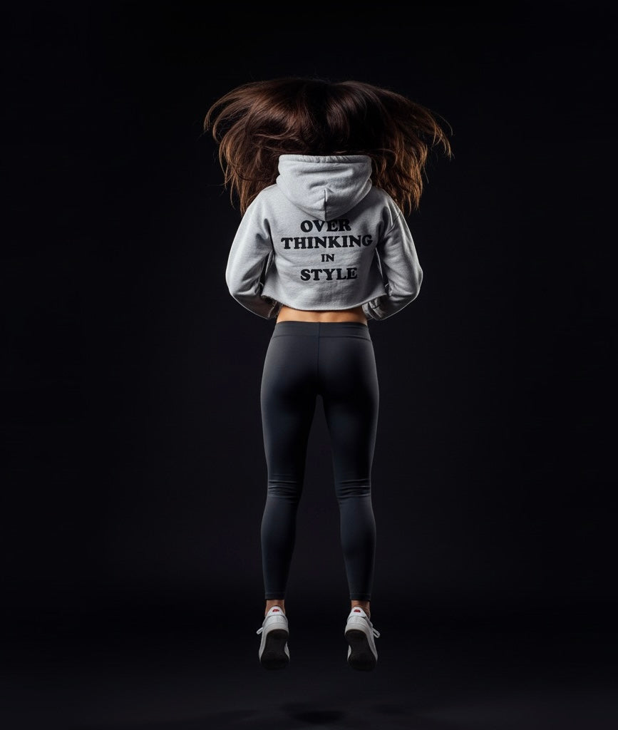 Overthinking – Melange Green Cropped Hoodie | Trendy Streetwear, Bold Back Print, Cozy Urban Style for Women