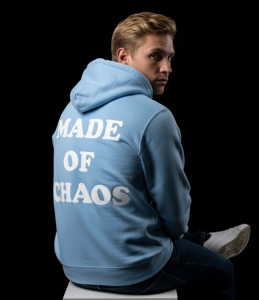 Made of Chaos – Baby Blue Hoodie | Bold Streetwear, Eye-Catching Back Print, Trendy Cozy Hoodie for Women & Men