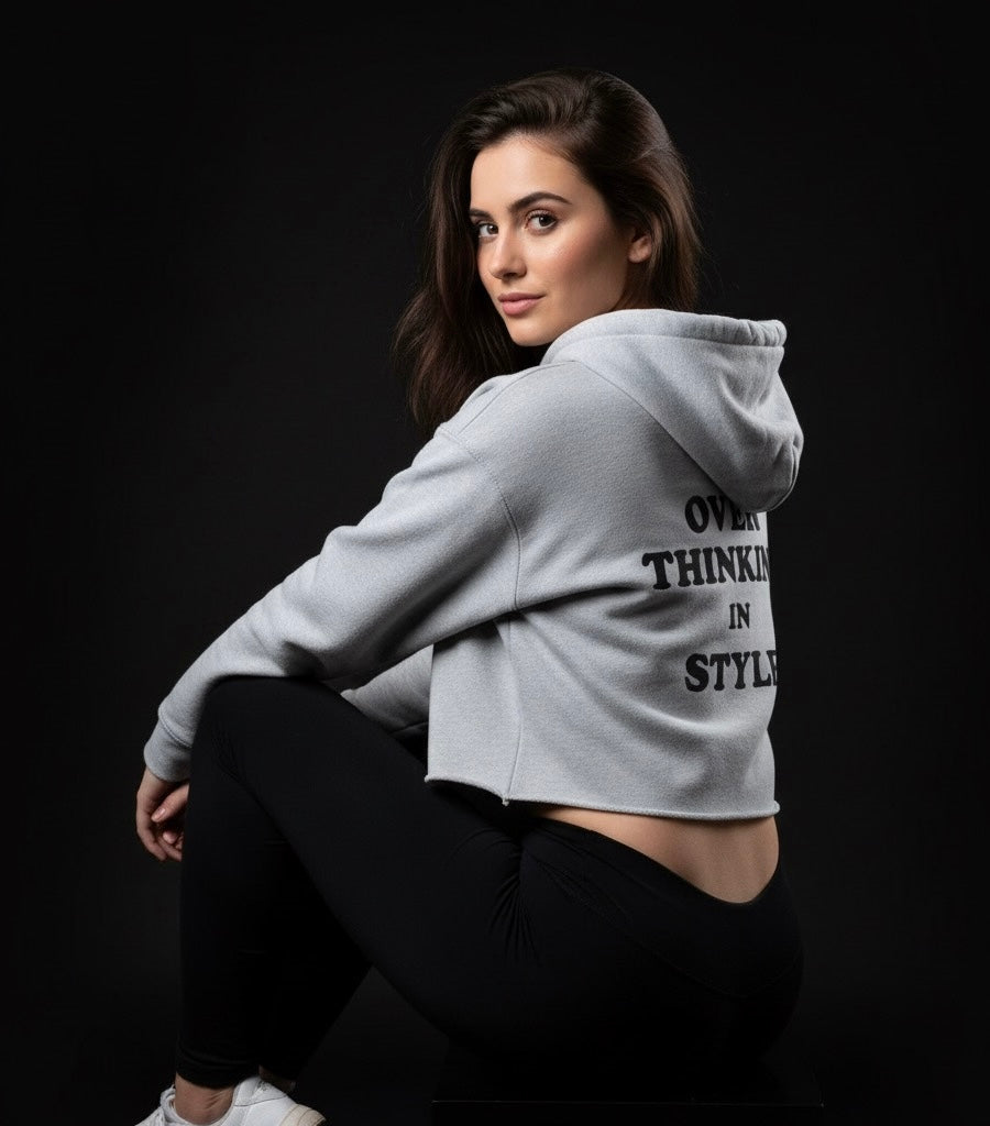 Overthinking – Melange Green Cropped Hoodie | Trendy Streetwear, Bold Back Print, Cozy Urban Style for Women