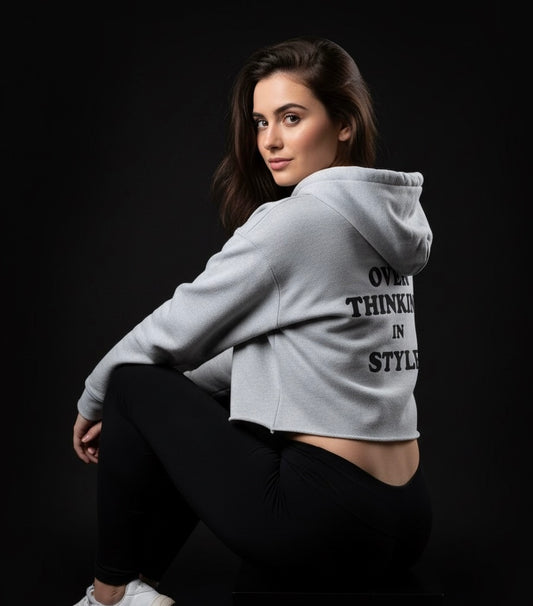 Overthinking – Melange Green Cropped Hoodie | Trendy Streetwear, Bold Back Print, Cozy Urban Style for Women