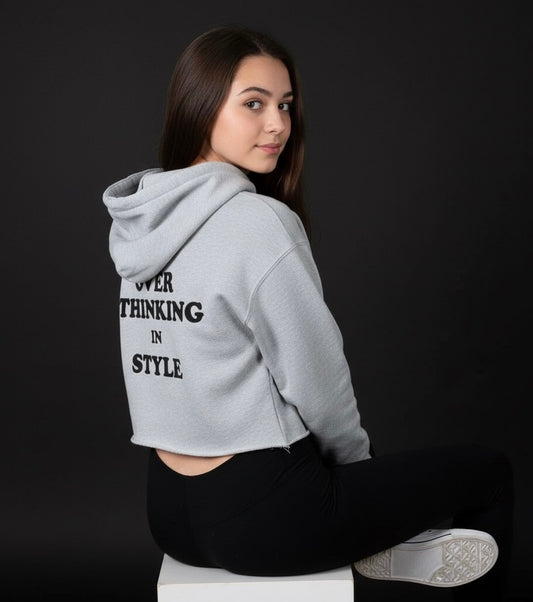 Overthinking – Melange Green Cropped Hoodie | Trendy Streetwear, Bold Back Print, Cozy Urban Style for Women