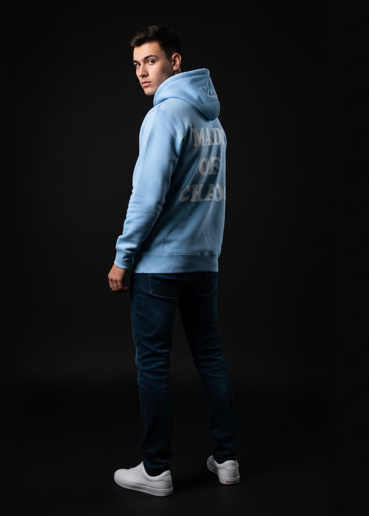 Made of Chaos – Baby Blue Hoodie | Bold Streetwear, Eye-Catching Back Print, Trendy Cozy Hoodie for Women & Men