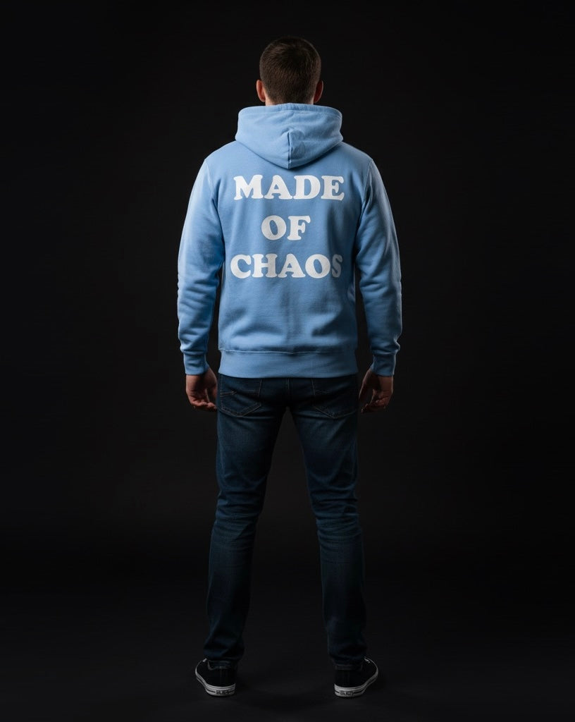 Made of Chaos – Baby Blue Hoodie | Bold Streetwear, Eye-Catching Back Print, Trendy Cozy Hoodie for Women & Men