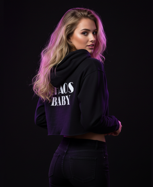 Chaos Baby – Black Cropped Hoodie | Bold Streetwear, Edgy Back Graphic, Trendy Crop Fit for Women